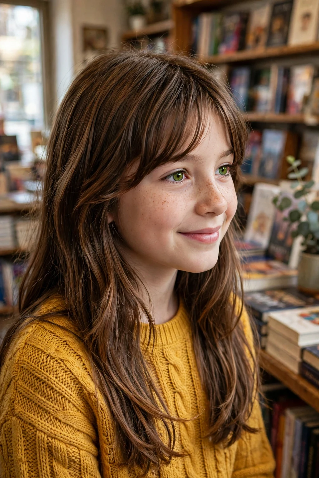 A young girl with long layered hair and curtain bangs, wearing a mustard sweater in a bookshop.