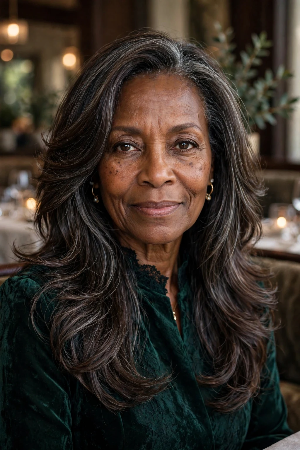Beautiful older woman with long layers, flowing long layers, elegant light.