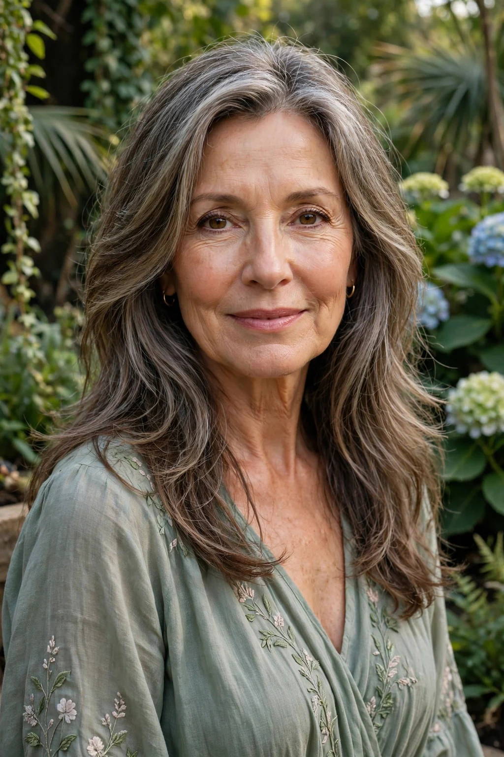 Beautiful older woman with long layers wash-and-wear, flowing long layers, graceful light.