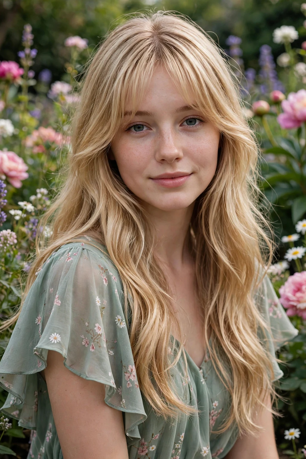Beautiful woman with long layers and curtain bangs, flowing long hair with curtain bangs, salon light.