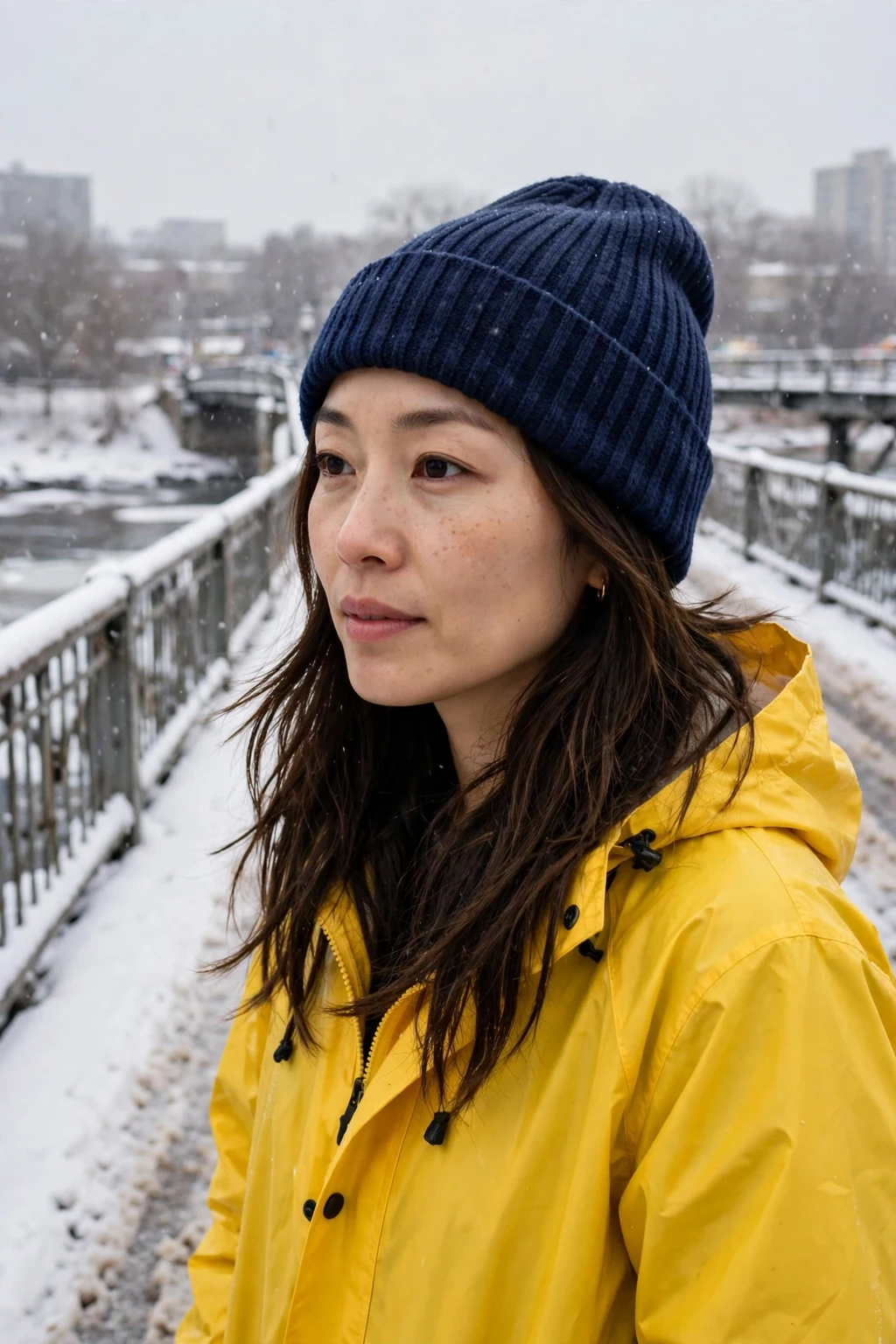 Young woman with long layered hair under a ribbed navy beanie on a snowy bridge.
