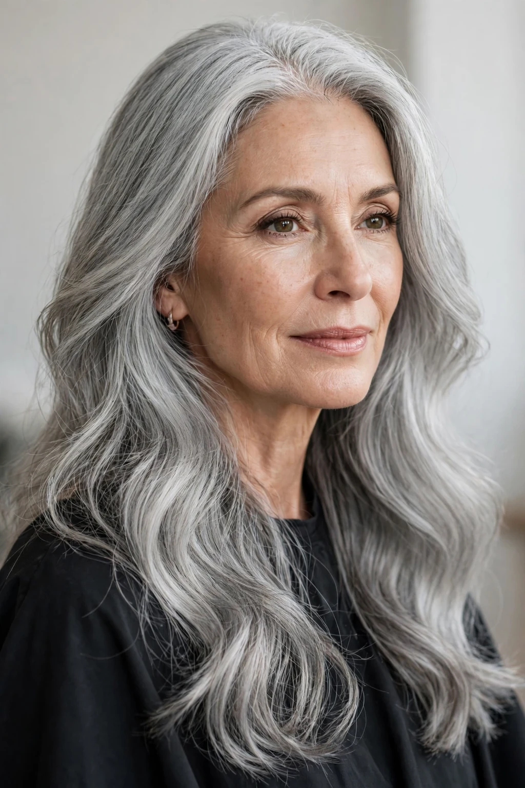 Elegant woman over 50 with long natural gray hair, luminous silver flow, stunning light.