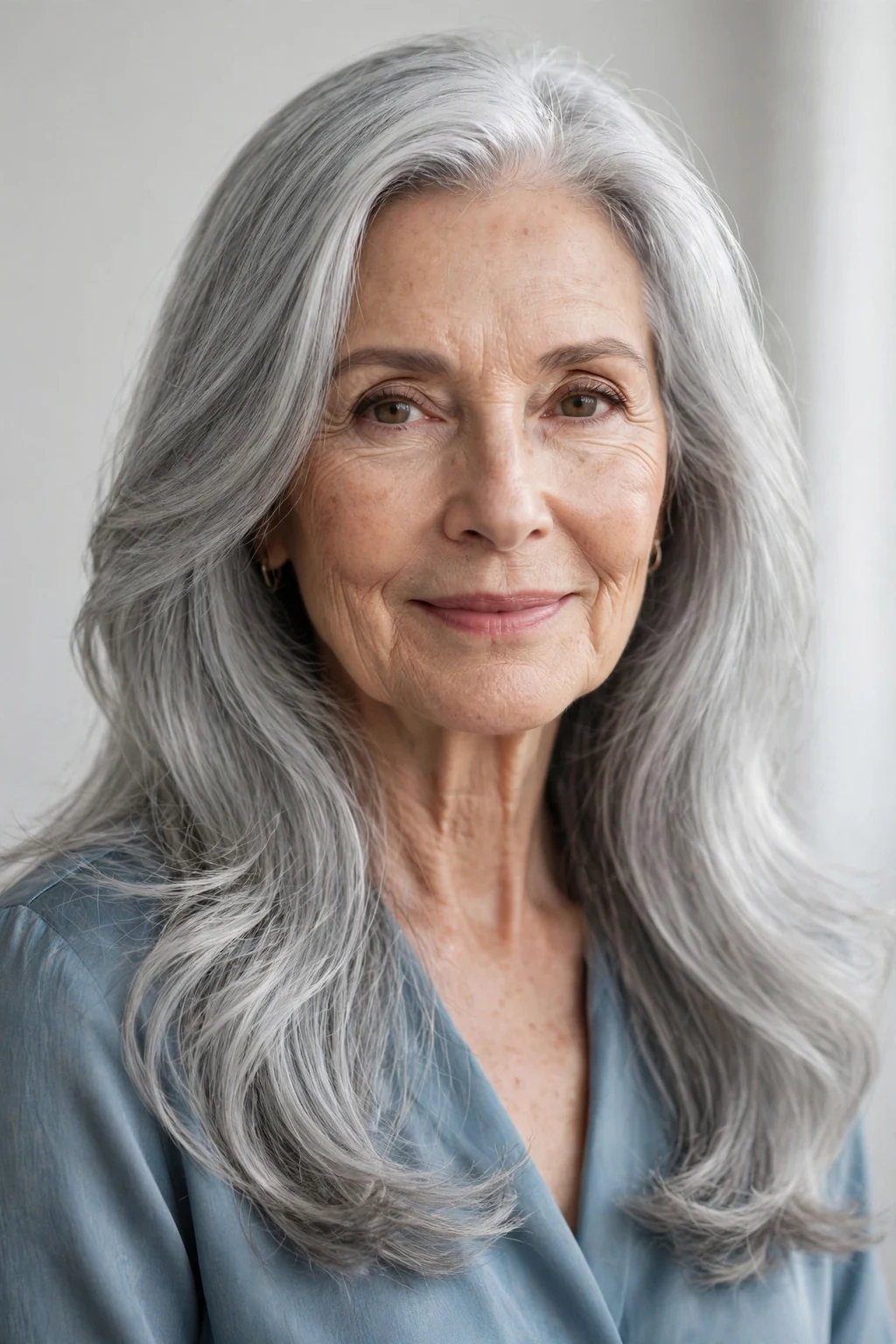 Elegant woman over 60 with long natural gray hair, luminous silver flow, stunning light.
