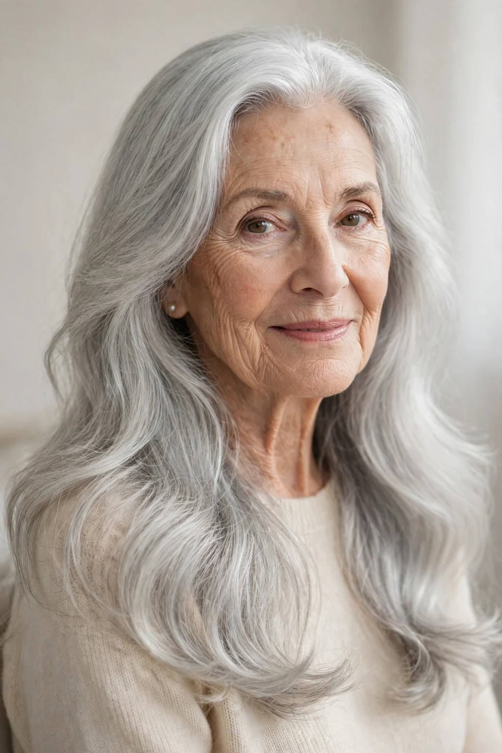Elegant woman over 70 with long natural gray hair, luminous silver flow, stunning light.
