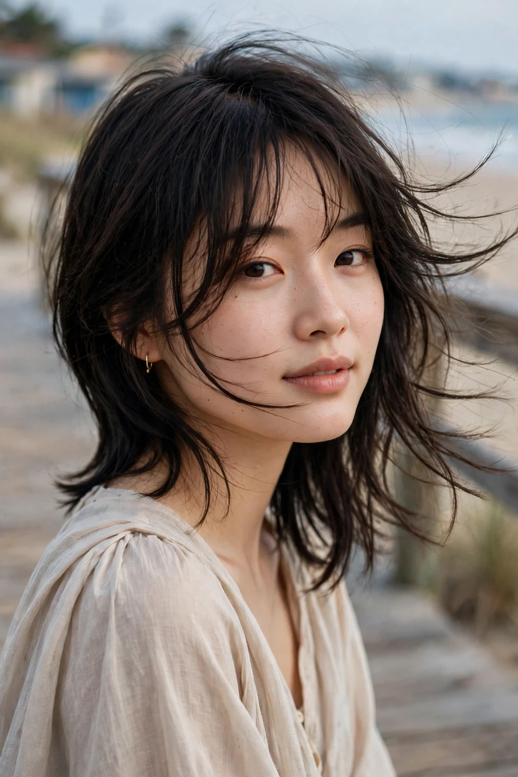 Beautiful woman with long pixie bangs, flowing long pixie bangs, soft light.