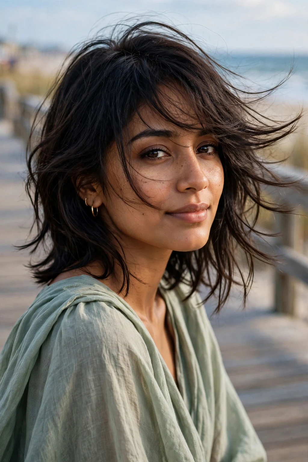 Beautiful woman with long pixie bangs, flowing long pixie bangs, soft light.