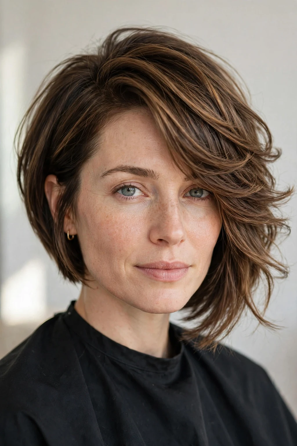 Woman with long pixie bob, extended length with elegant shape, soft lighting.