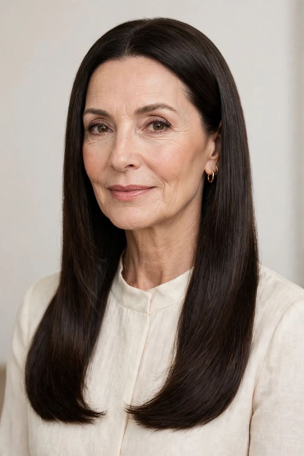 Elegant woman over 50 with long polished style, immaculate smooth hair, refined light.