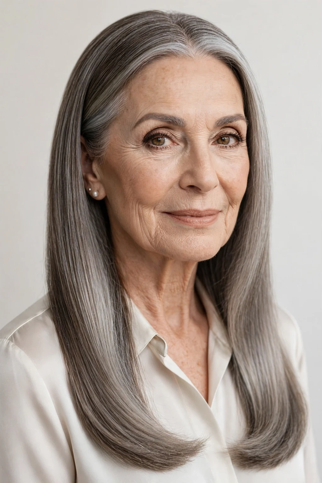 Elegant woman over 60 with long polished style, immaculate smooth hair, refined light.