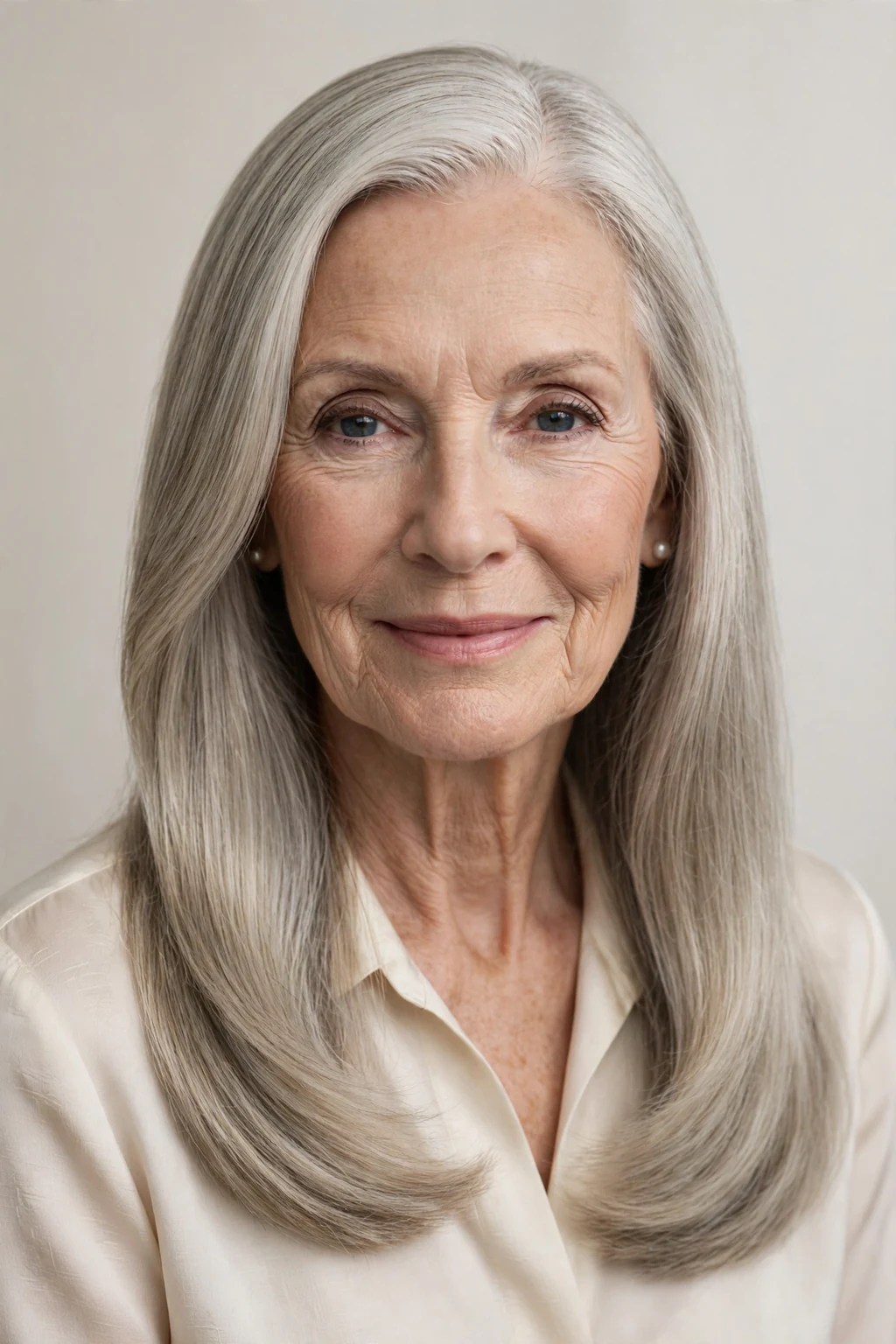 Elegant woman over 70 with long polished style, immaculate smooth hair, refined light.
