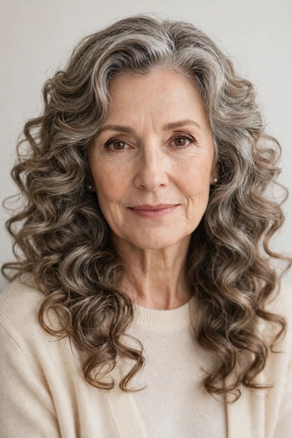 Elegant woman over 60 with long romantic curls, dreamy defined curls, soft light.