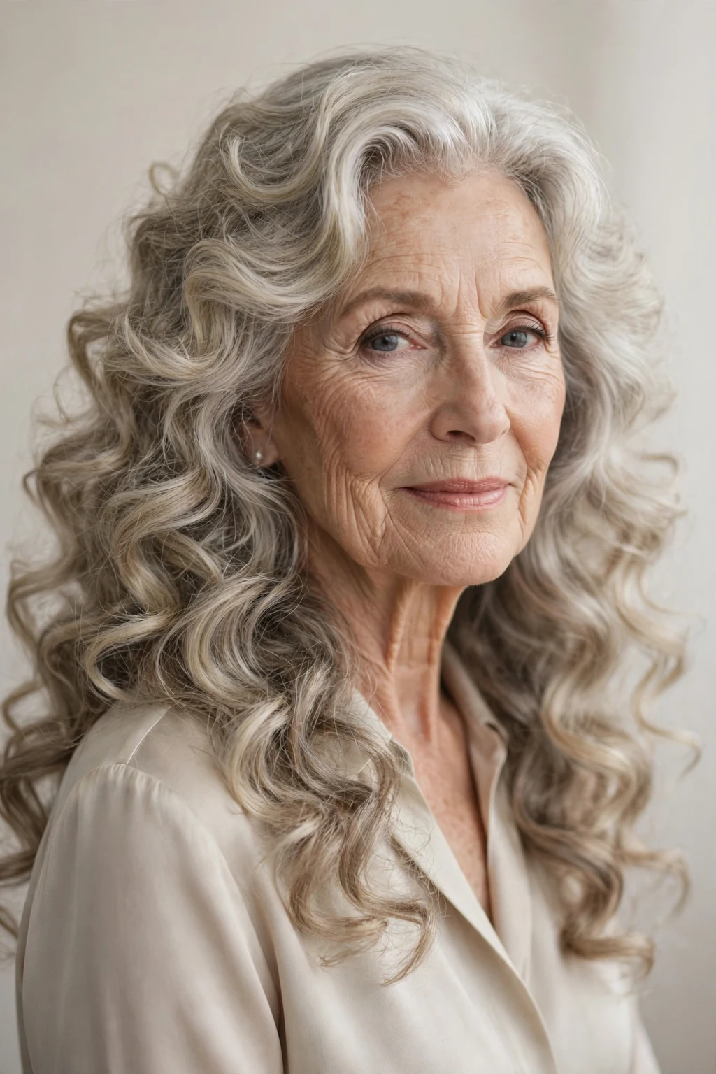 Elegant woman over 70 with long romantic curls, dreamy defined curls, soft light.