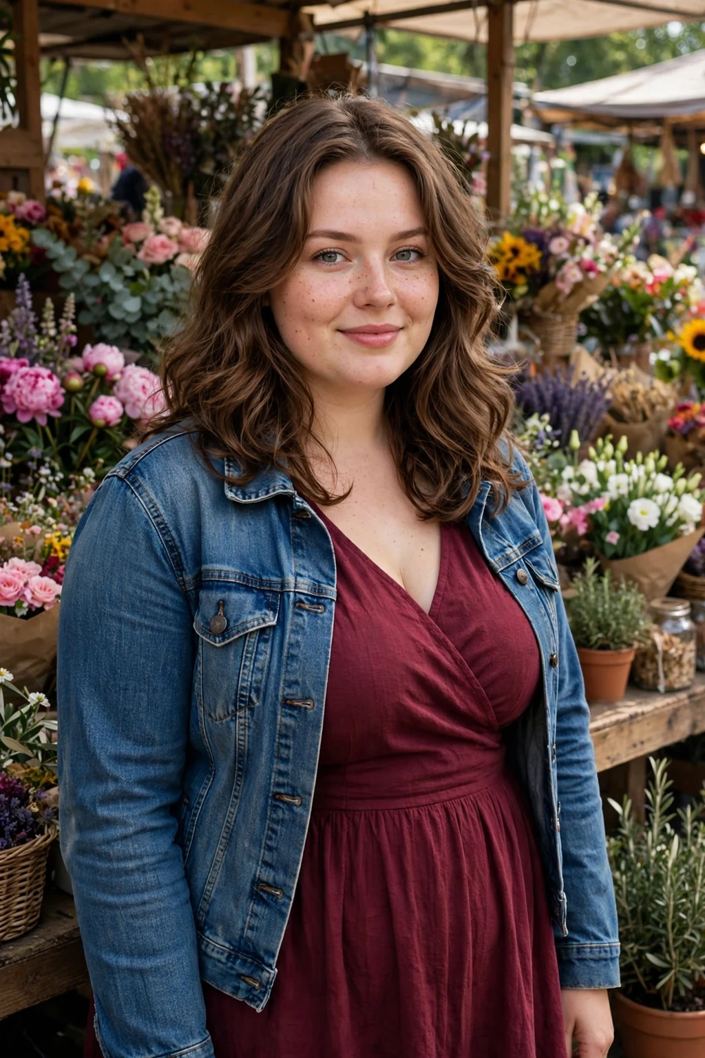 Young woman with long rounded layers, full curved shape, at a weekend farmers market stall.