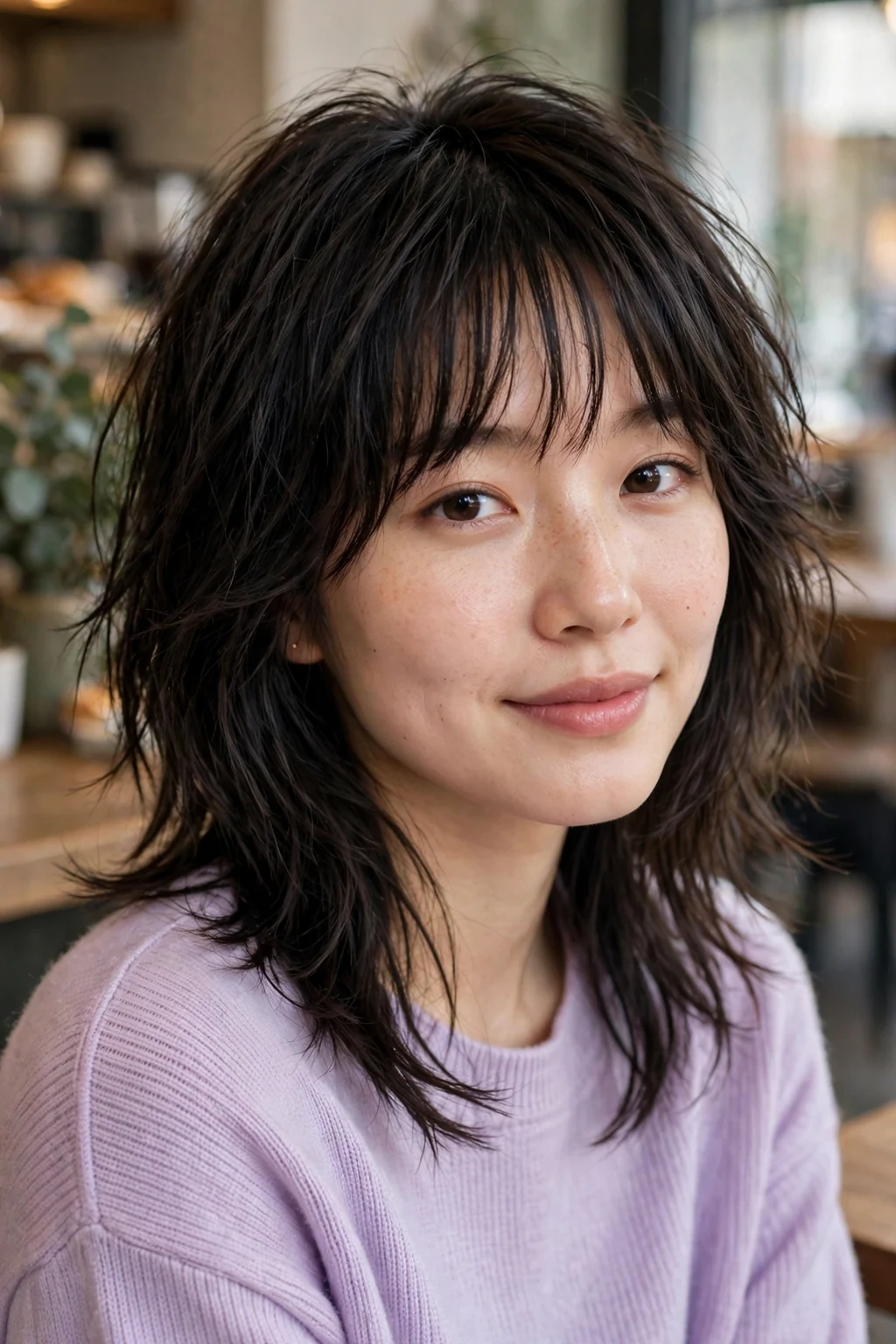 Beautiful woman with long shag with bangs, long shag with bangs, sweet light.