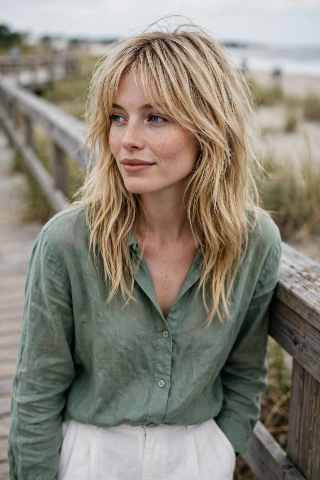 A young woman with a long shag haircut and curtain bangs, walking along a beach boardwalk.