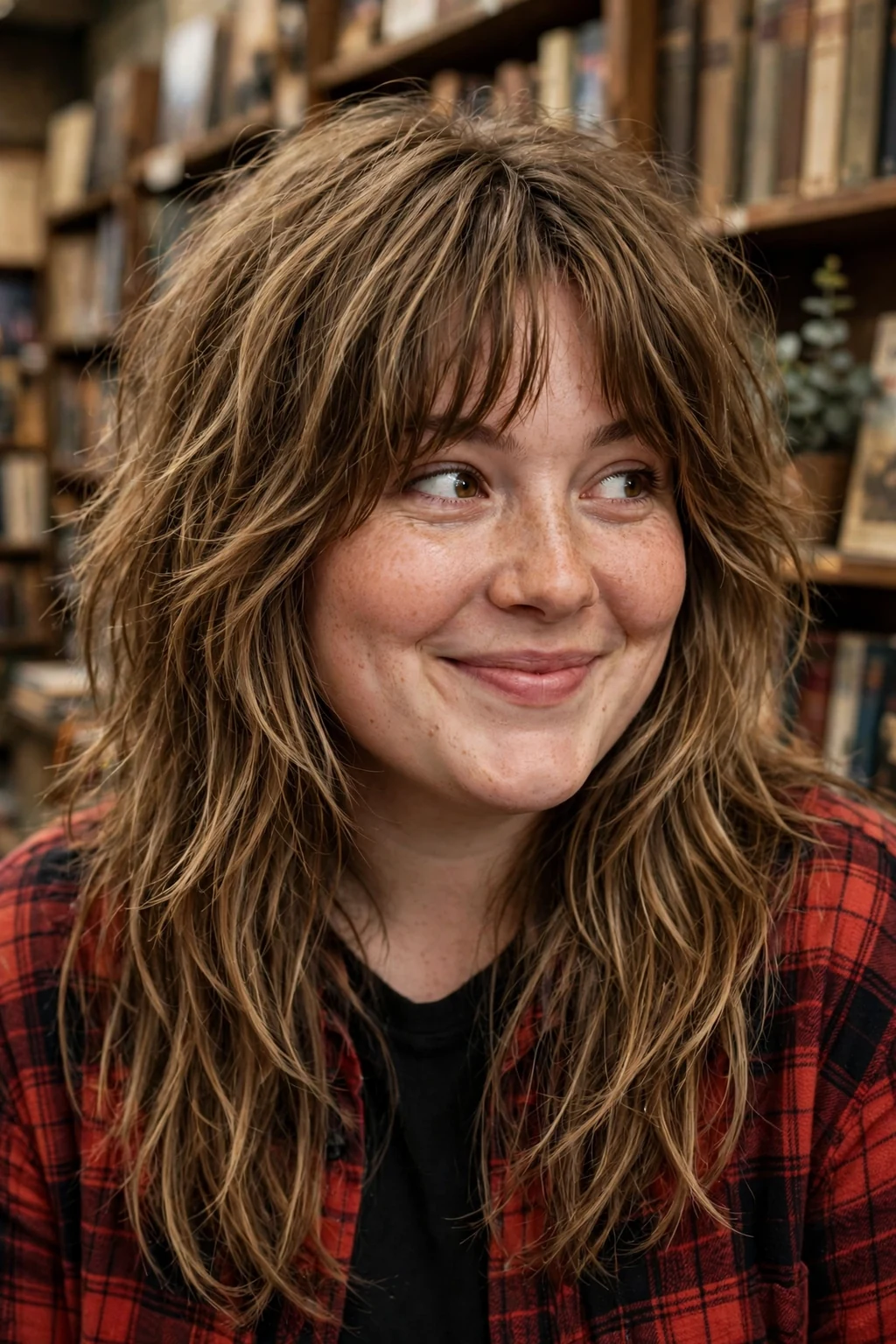 Plus-size woman in her twenties with a long shag and curtain fringe, wearing a plaid shirt in a vintage bookshop aisle.