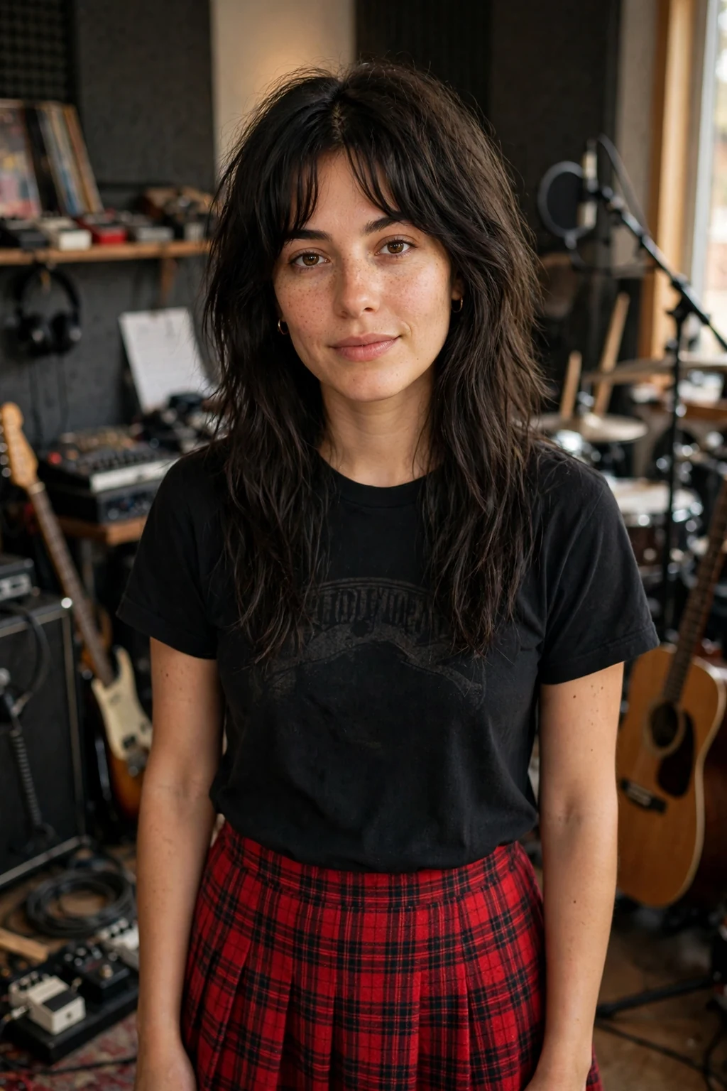 Young woman with a long shaggy cut and curtain bangs, playing guitar in a music studio.