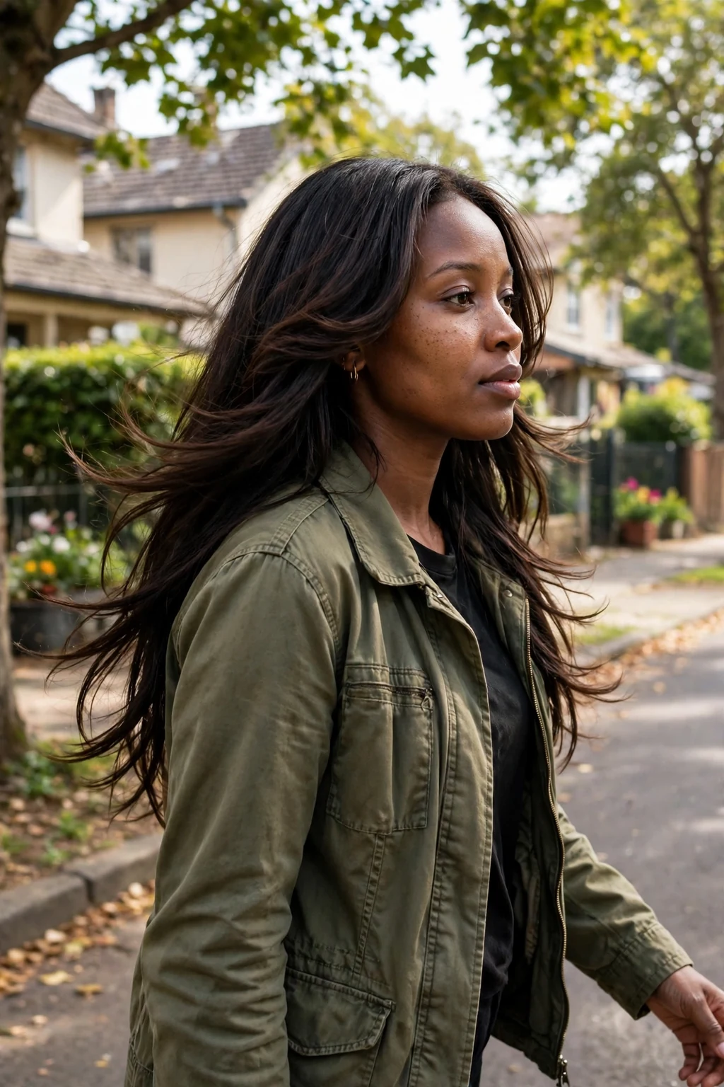 Young woman with long hair and long side layers, walking her dog in a leafy neighborhood.