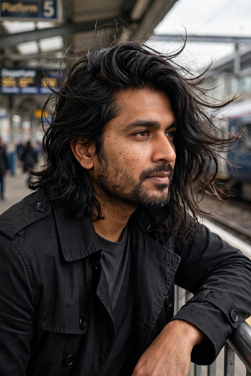 Man with a long side sweep and layers for thick hair, leaning on a railing at a train station in a black trench coat.