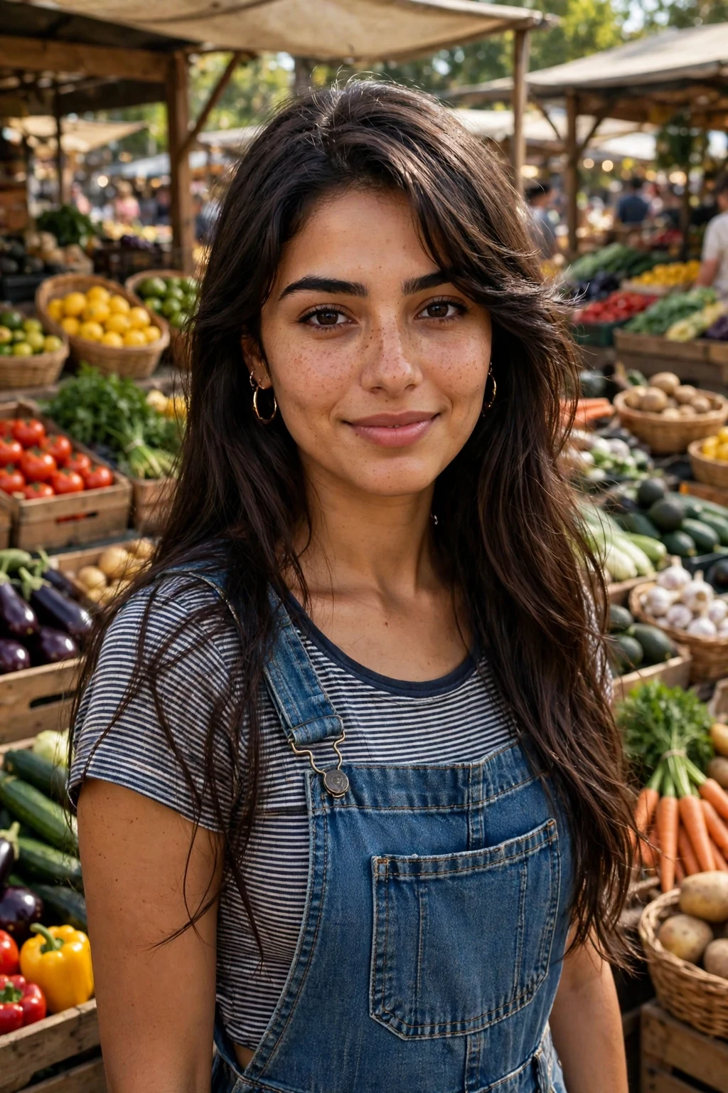 Young woman with long hair and side-swept bangs, smiling in a farmers market.