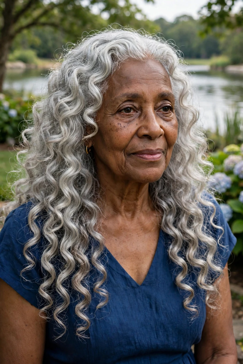 A woman in her early 70s with long silver curls past the shoulders, wearing a deep-blue dress in a lakeside garden.