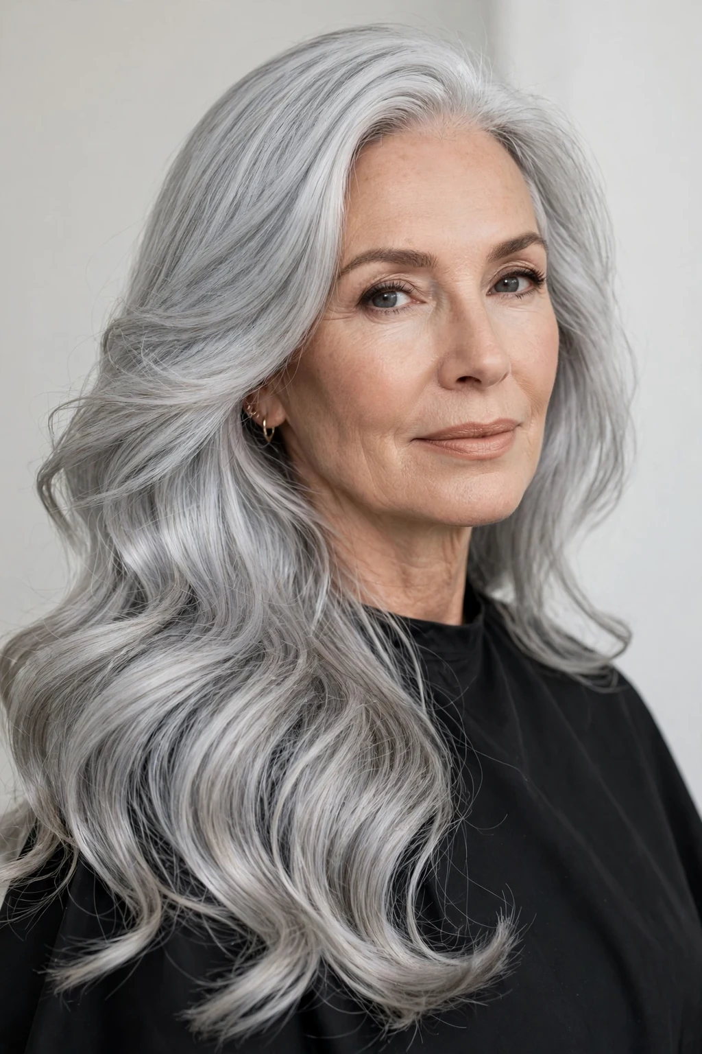 Elegant woman over 50 with long silver locks, luminous flowing gray hair, glamorous light.