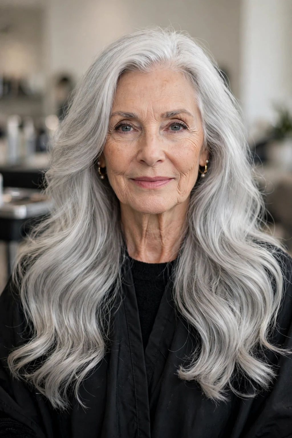 Elegant woman over 60 with long silver locks, luminous flowing gray hair, glamorous light.
