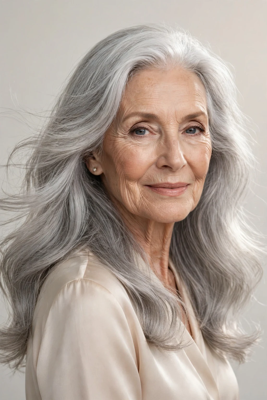Elegant woman over 70 with long silver locks, luminous flowing gray hair, glamorous light.
