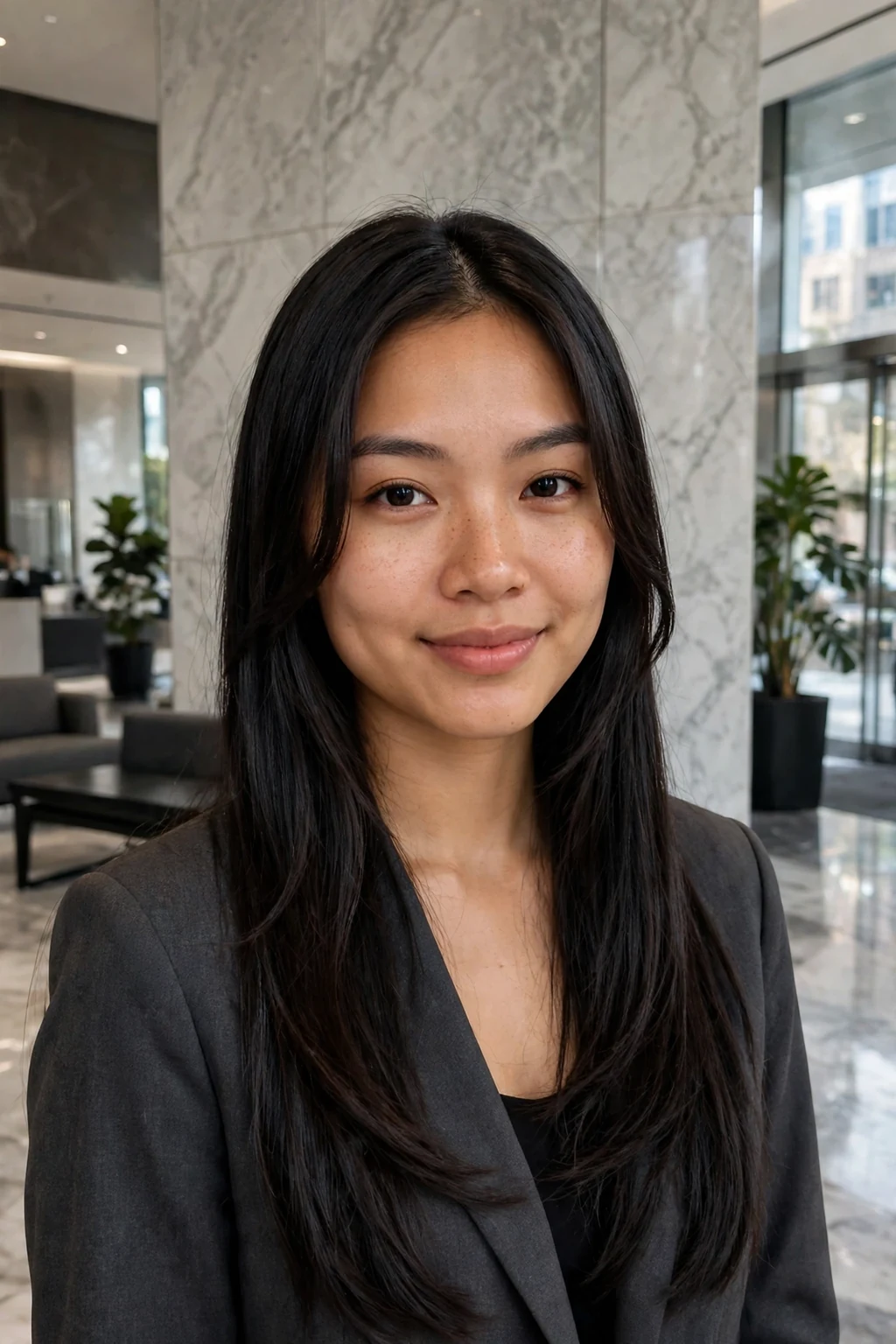 Young woman with long sleek straight hair and face-framing pieces, in a downtown office lobby.