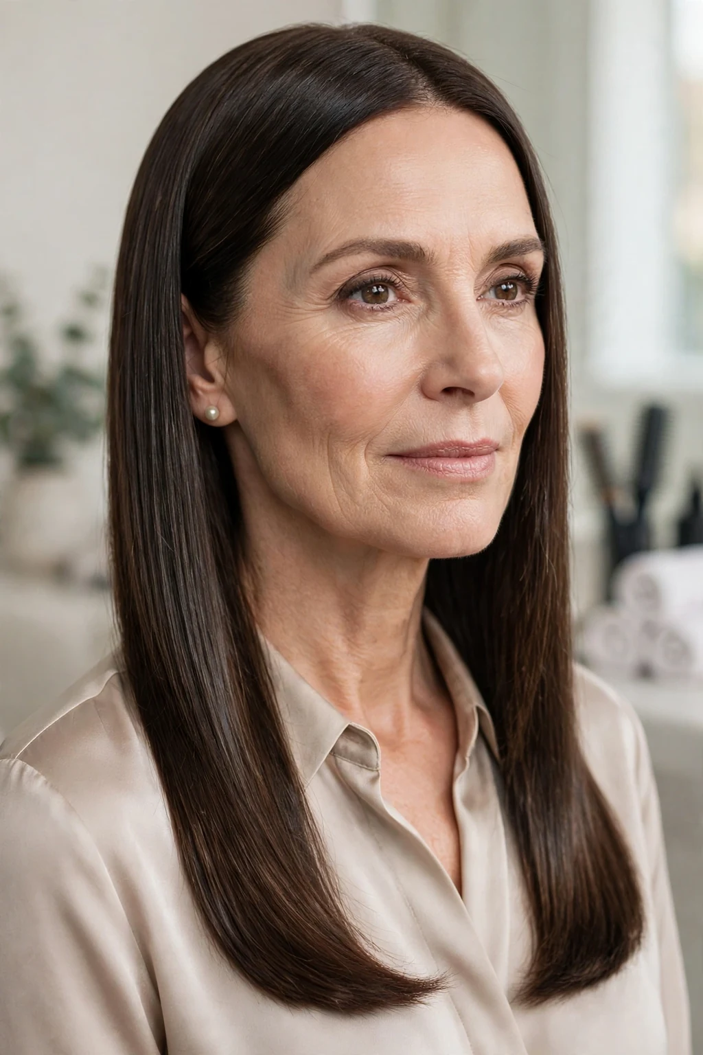 Elegant woman over 50 with long sleek straight hair, polished mirror shine, elegant light.