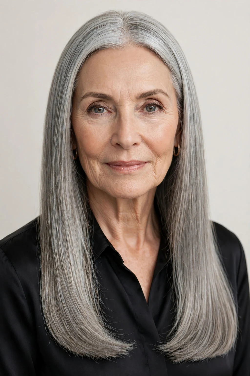 Elegant woman over 60 with long sleek straight hair, polished mirror shine, elegant light.