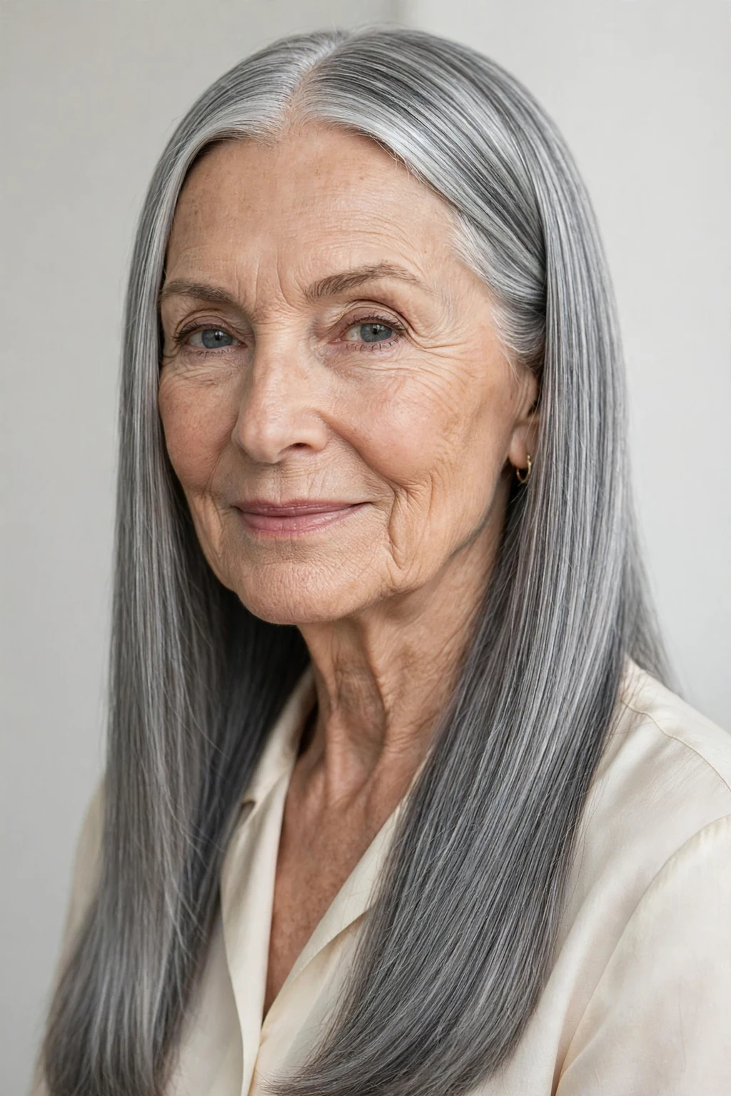 Elegant woman over 70 with long sleek straight hair, polished mirror shine, elegant light.