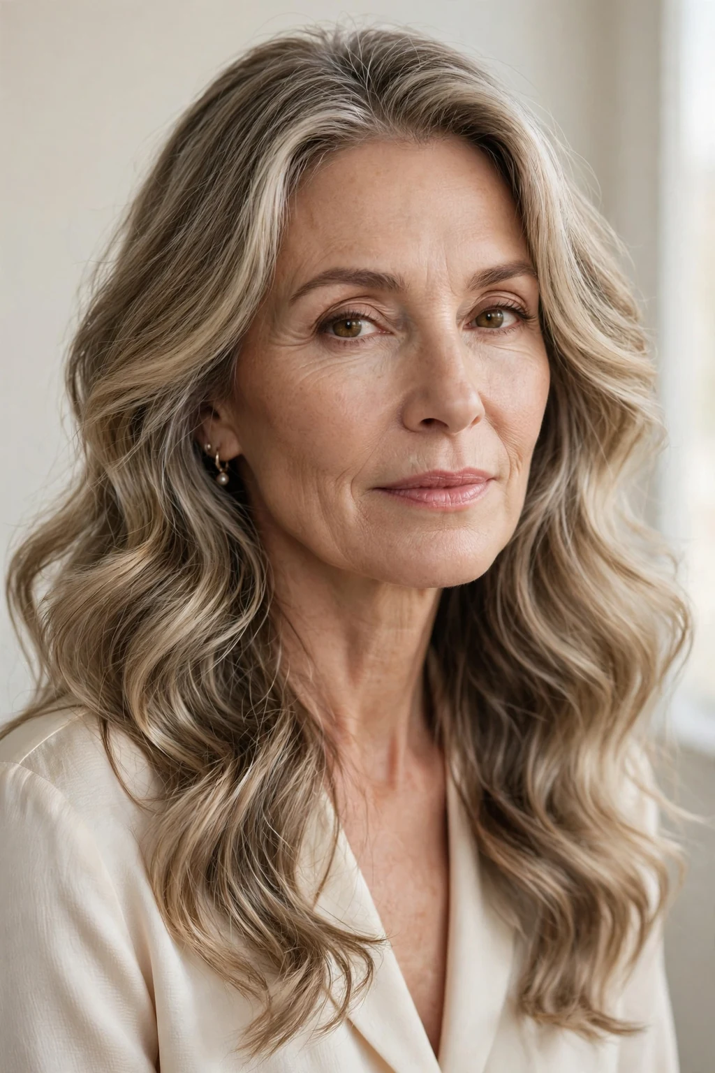 Elegant woman over 50 with long soft waves, romantic flowing texture, chic light.
