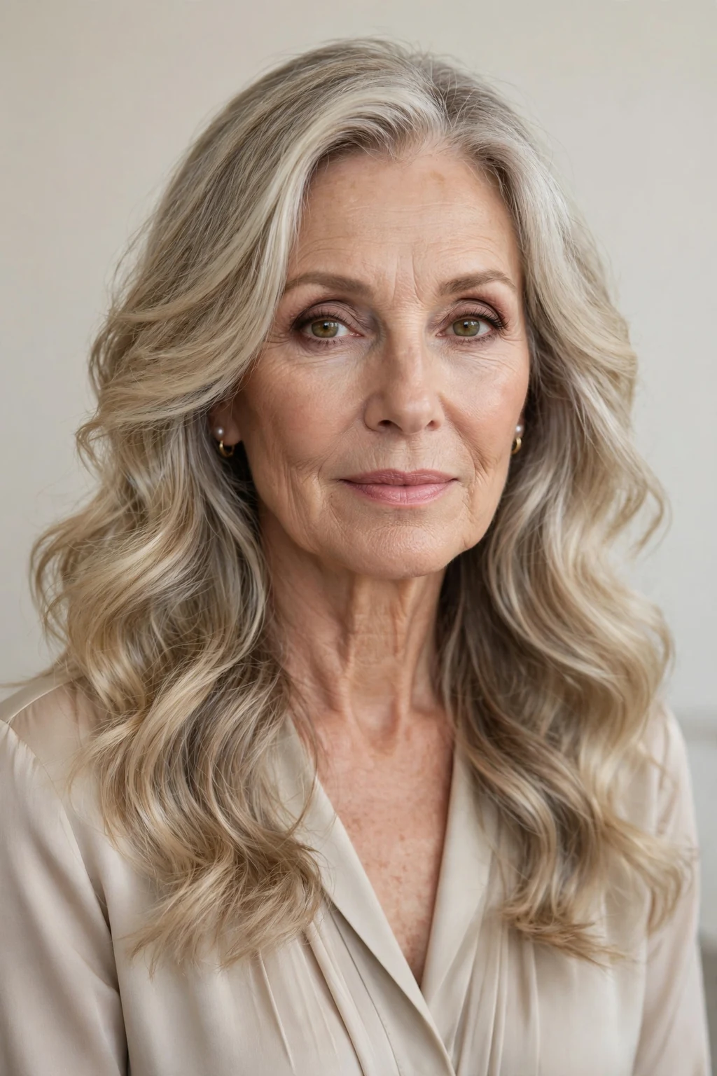 Elegant woman over 60 with long soft waves, romantic flowing texture, chic light.