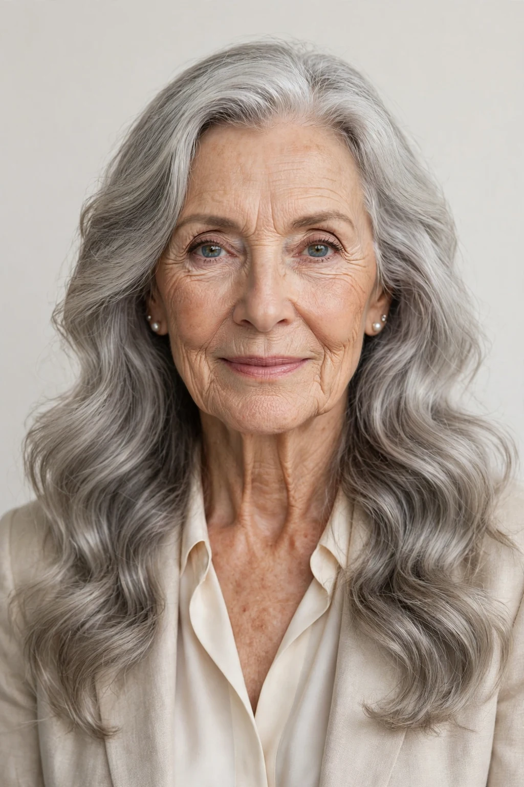 Elegant woman over 70 with long soft waves, romantic flowing texture, chic light.