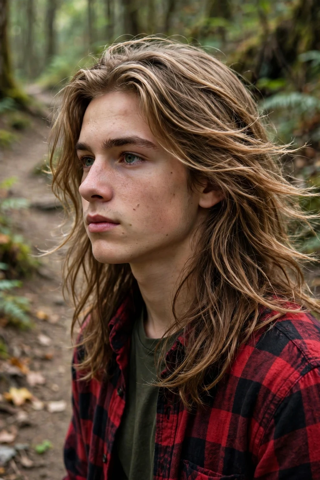 Handsome teen boy with long teen cut, flowing long teen cut, relaxed light.