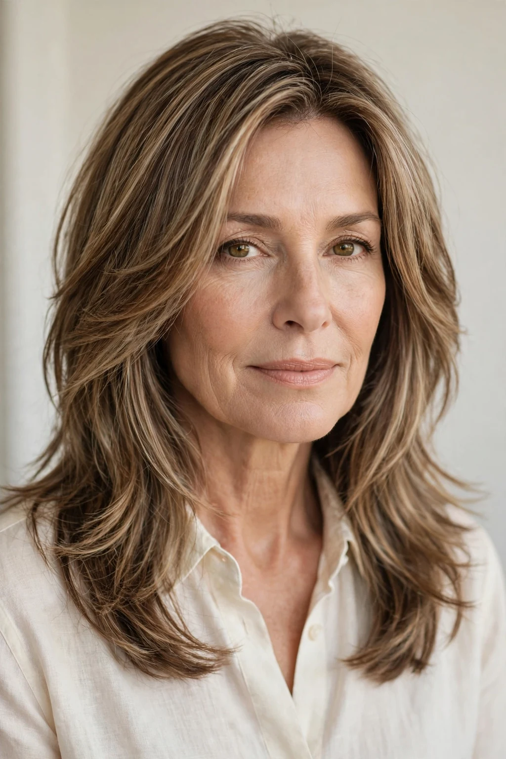 Elegant woman over 50 with long textured layers, modern dimensional hair, natural light.