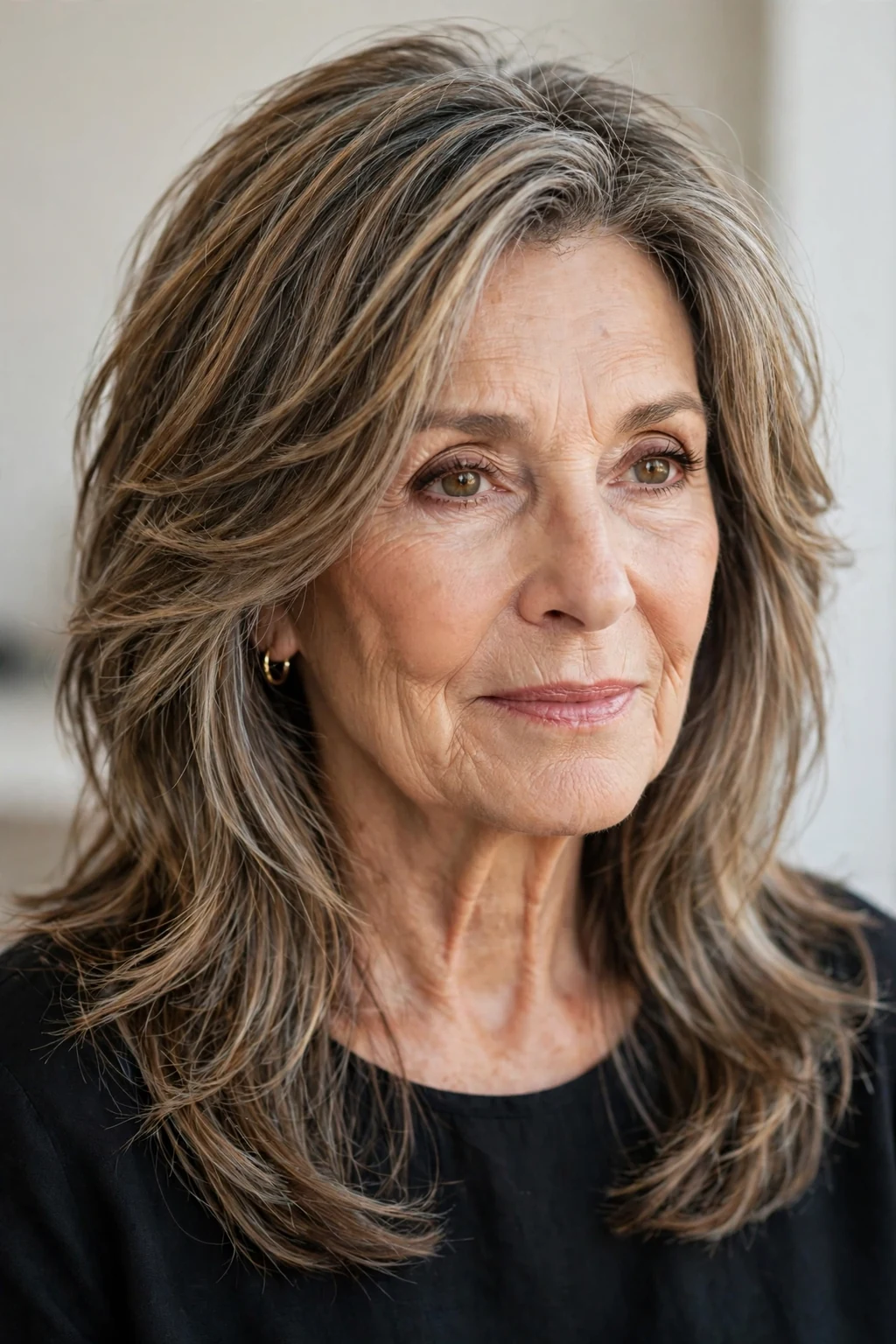 Elegant woman over 60 with long textured layers, modern dimensional hair, natural light.