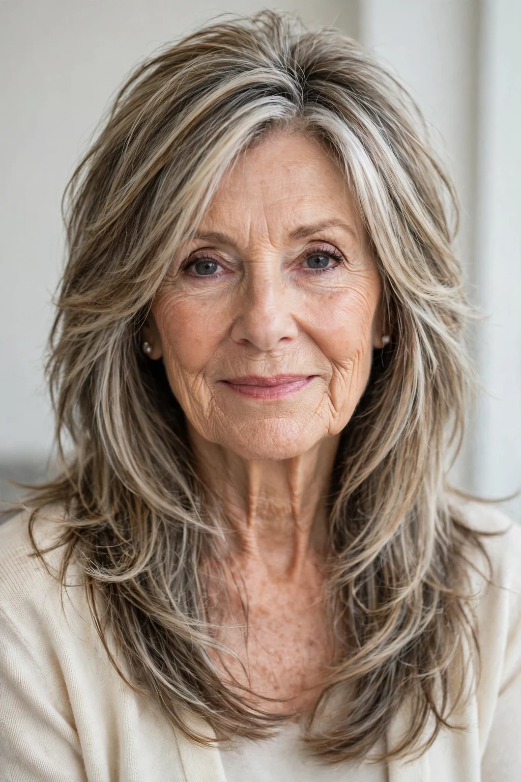 Elegant woman over 70 with long textured layers, modern dimensional hair, natural light.