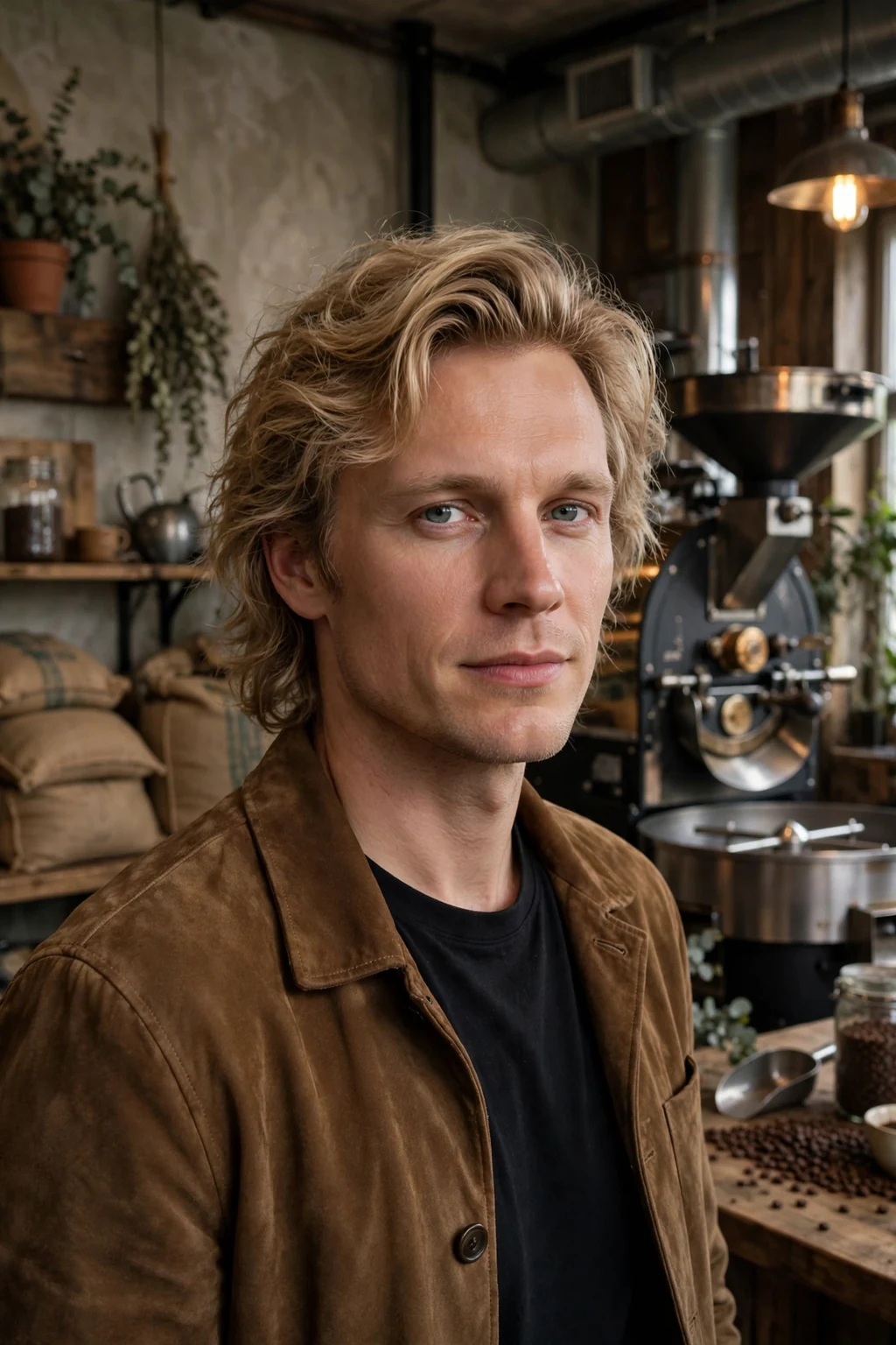 Man in his early 30s with a long textured top haircut, wearing a brown suede jacket in a coffee roastery.