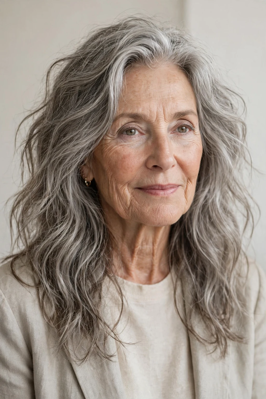 Elegant woman over 70 with long tousled waves, carefree flowing texture, relaxed light.