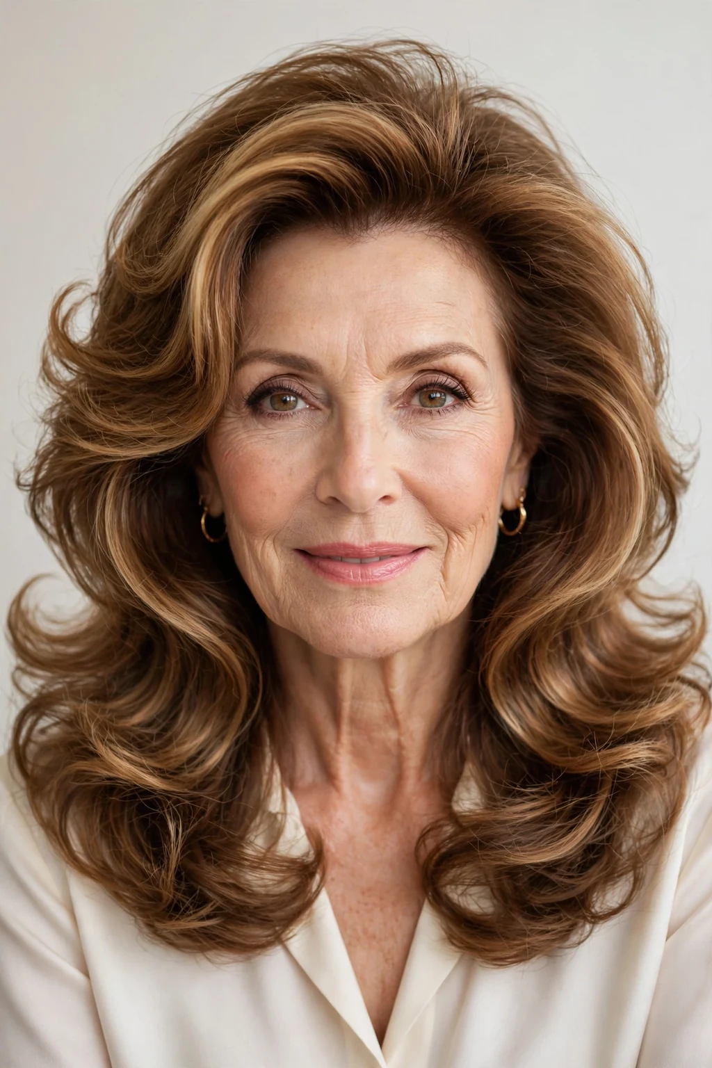 Elegant woman over 50 with long voluminous blowout, bouncy glamorous hair, radiant light.
