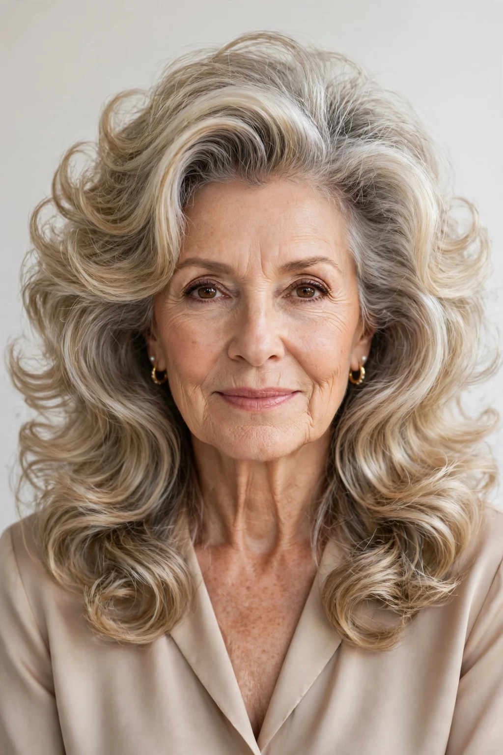 Elegant woman over 60 with long voluminous blowout, bouncy glamorous hair, radiant light.