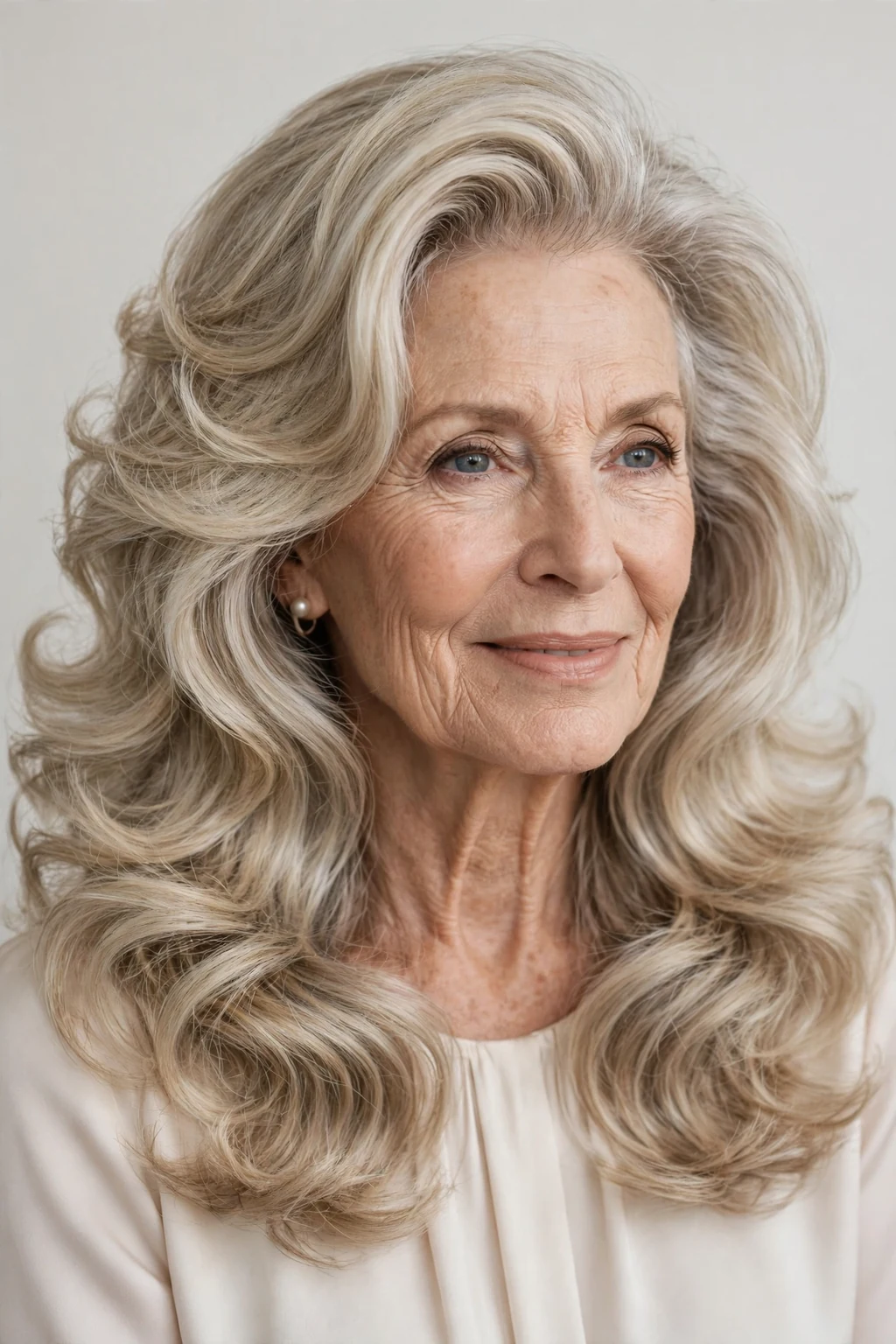 Elegant woman over 70 with long voluminous blowout, bouncy glamorous hair, radiant light.