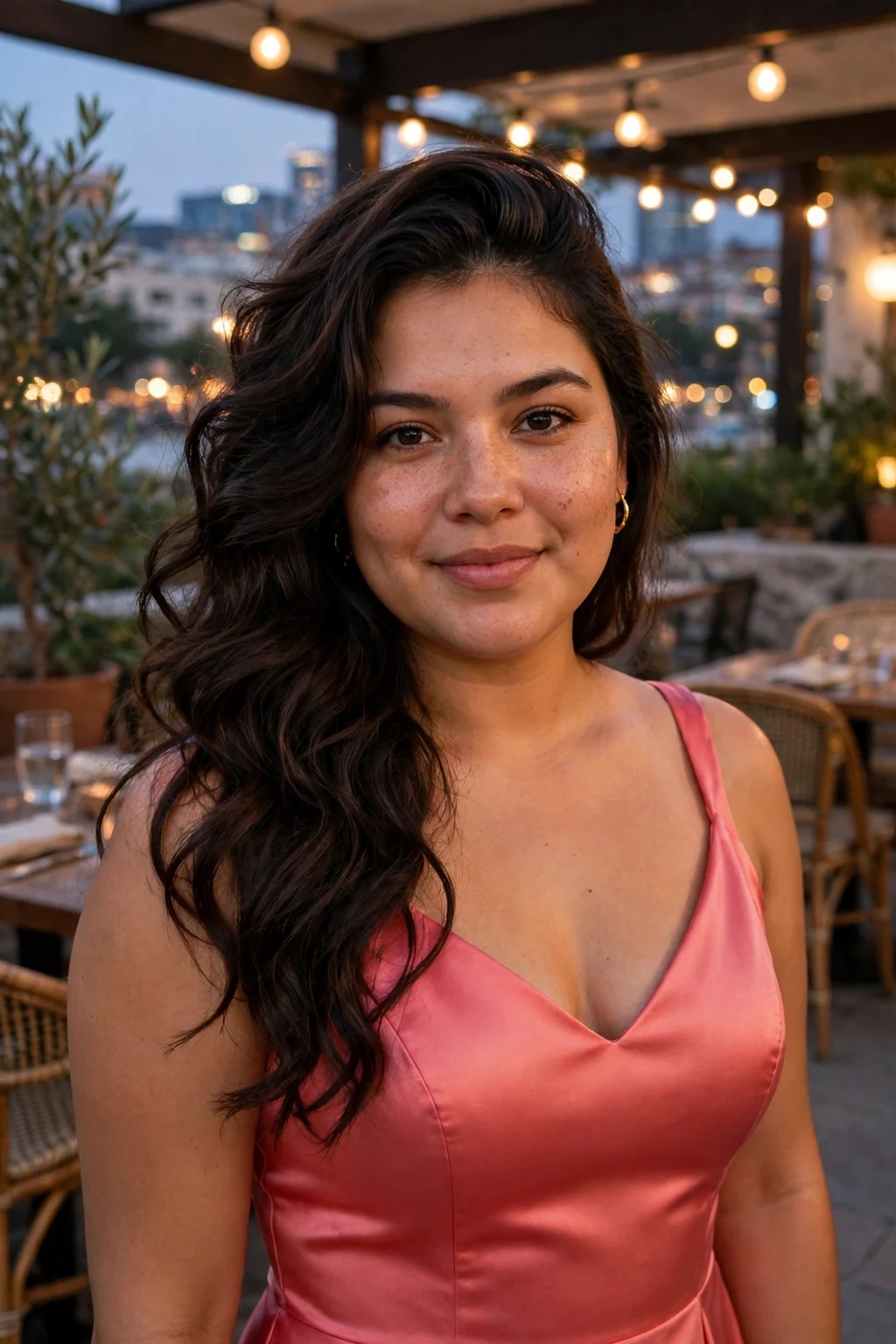 Young woman with a round face wearing long waves with a deep side part.