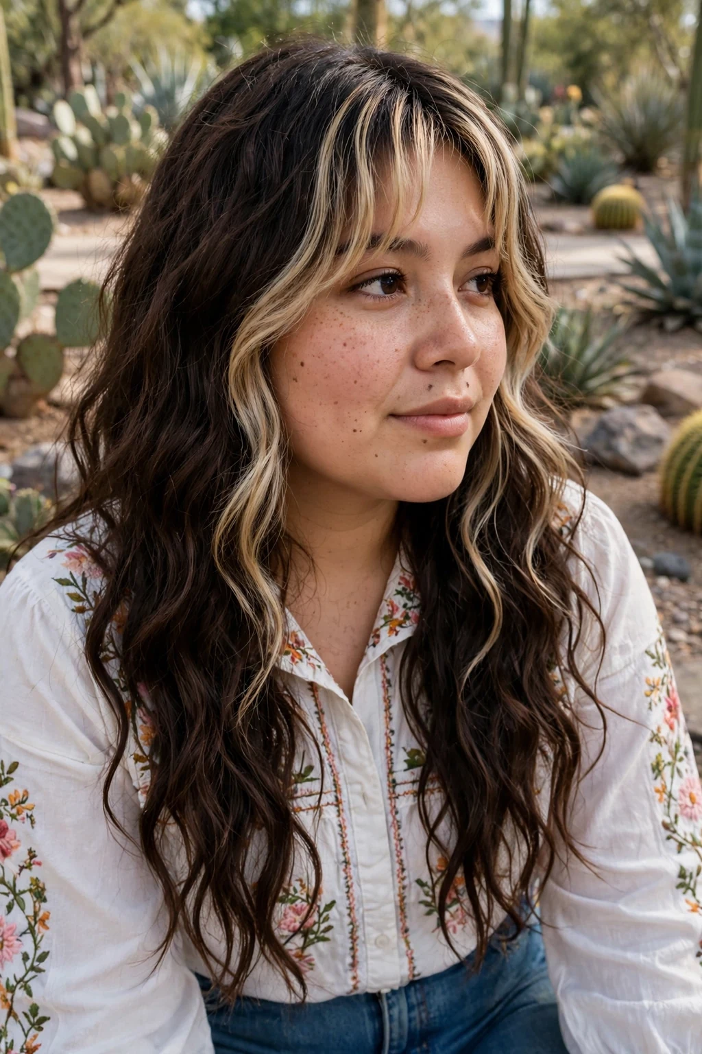 Young woman with long wavy hair and curtain layers framing her face.