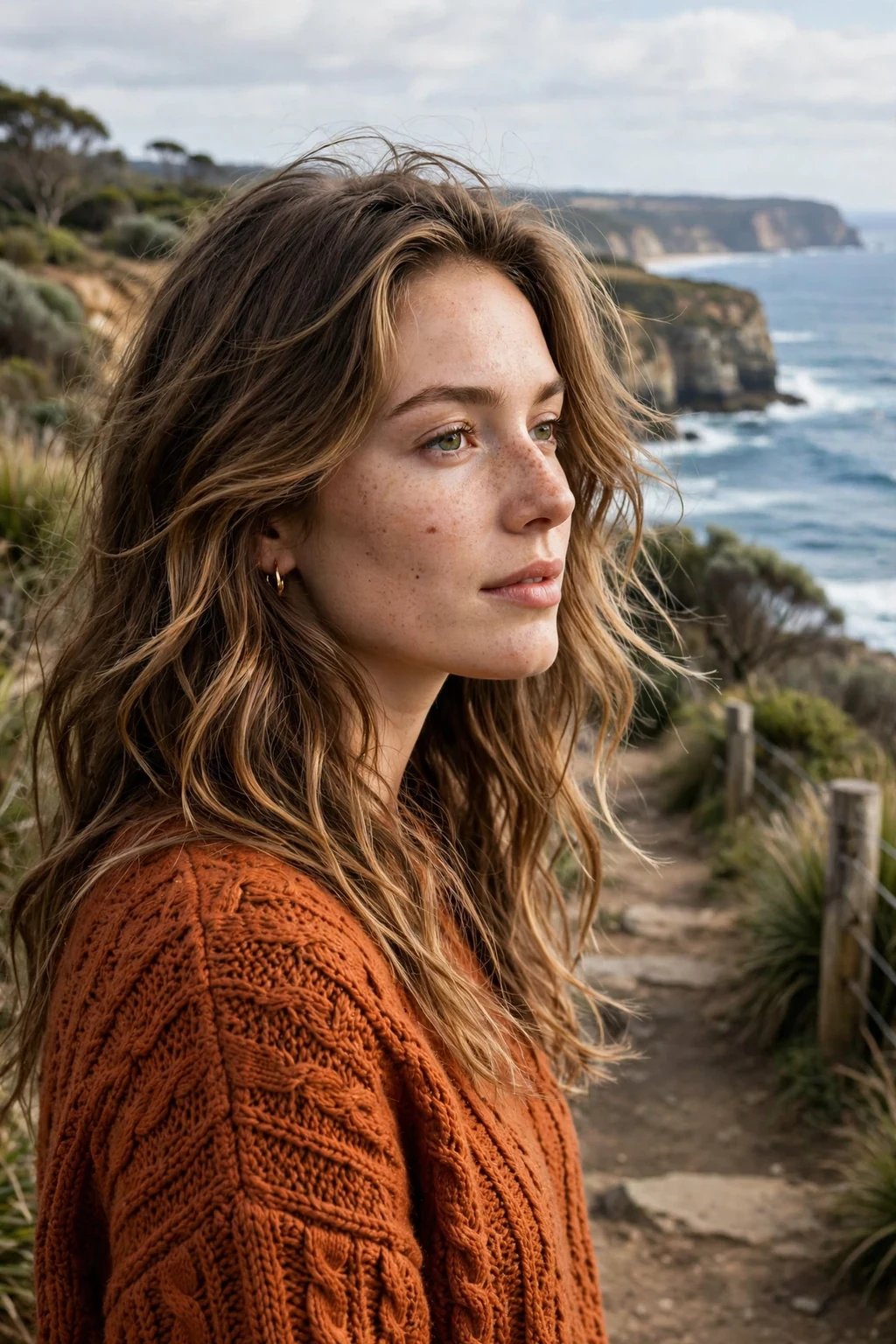 Young woman with long wavy layers, soft tousled waves, on a coastal cliff walk.