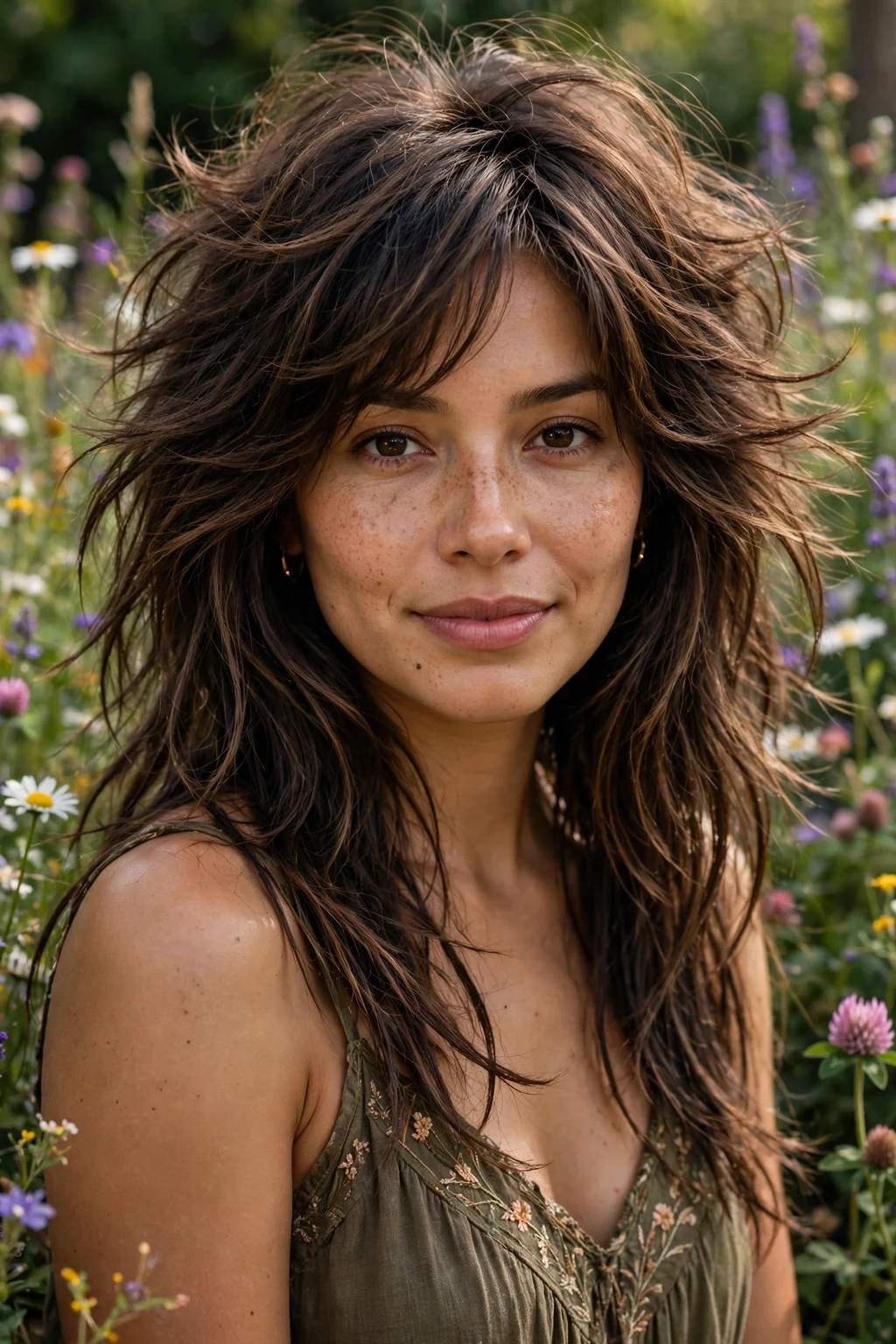Beautiful woman with long wolf cut, flowing long wolf layers, bright light.