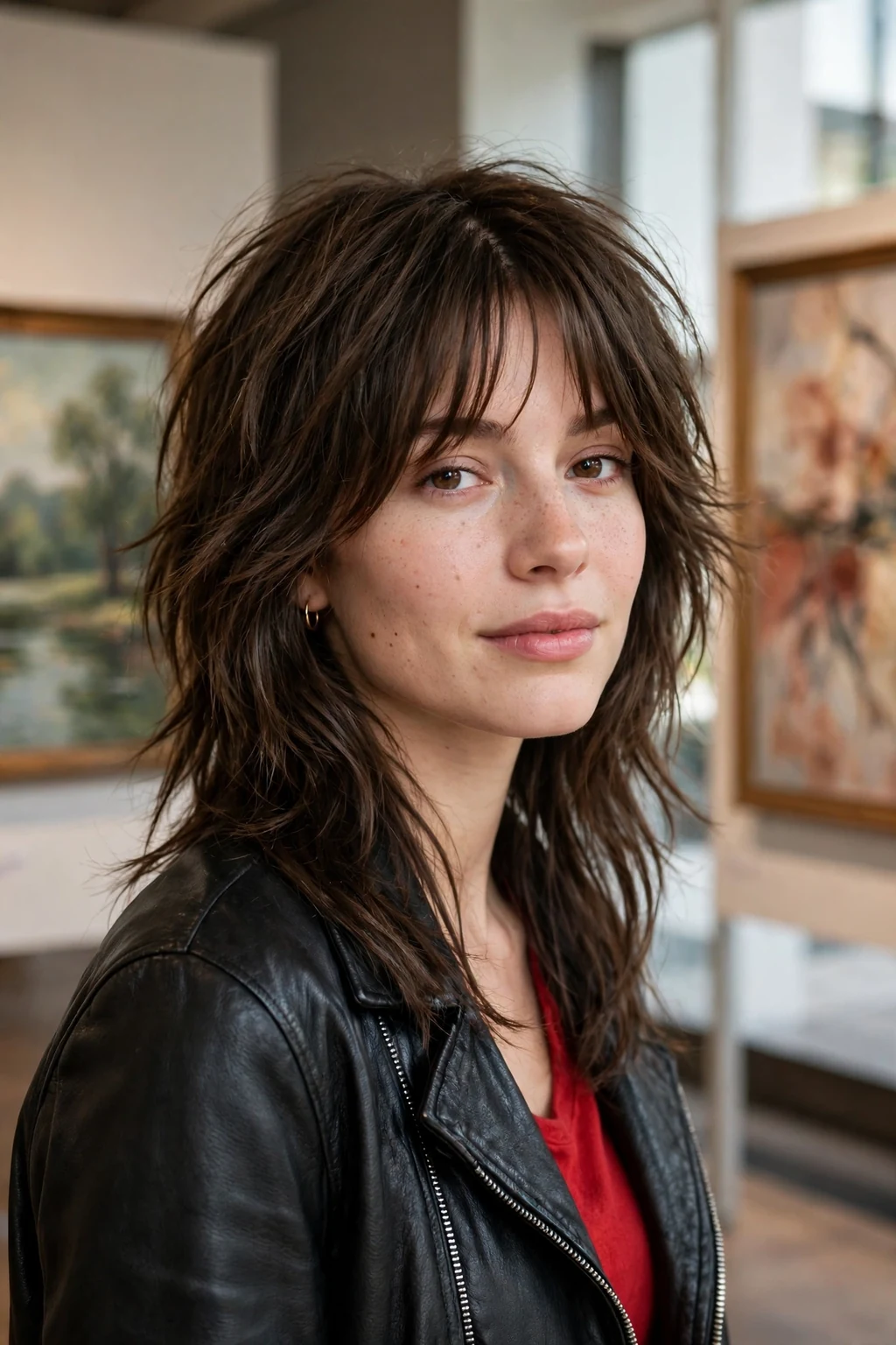 Young woman with a long wolf cut, tousled shaggy layers, standing in an art gallery.