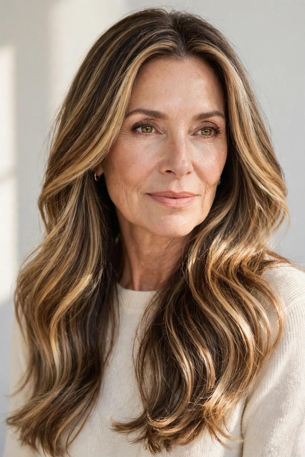 Elegant woman over 50 with long balayage hair, hand-painted dimensional color, sunlit photo.